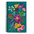 Posy spiral notebook with a painterly bouquet of magenta, yellow, pink and red flowers on deep teal, front cover – Kate Spain design