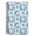 Horizon Tile spiral notebook with blue and teal pinwheel tile medallions on cream, front cover – Kate Spain design