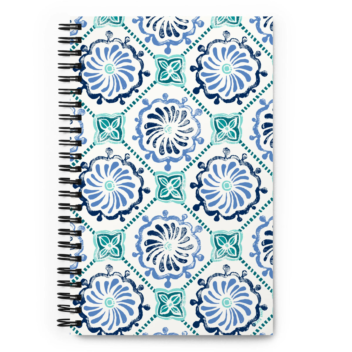 Horizon Tile spiral notebook with blue and teal pinwheel tile medallions on cream, front cover – Kate Spain design
