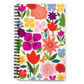 Happy Blooms spiral notebook with bright flat-color tulips, daisies, a butterfly and a ladybug on cream, front cover – Kate Spain design
