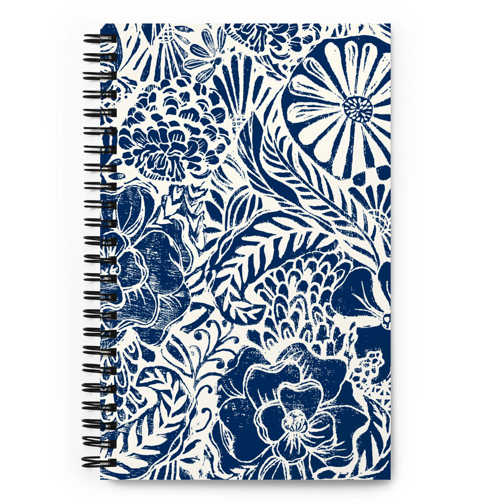 Flora spiral notebook with an indigo block-print garden of flowers and leaves on cream, front cover – Kate Spain design