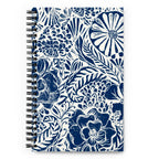 Flora spiral notebook with an indigo block-print garden of flowers and leaves on cream, front cover – Kate Spain design