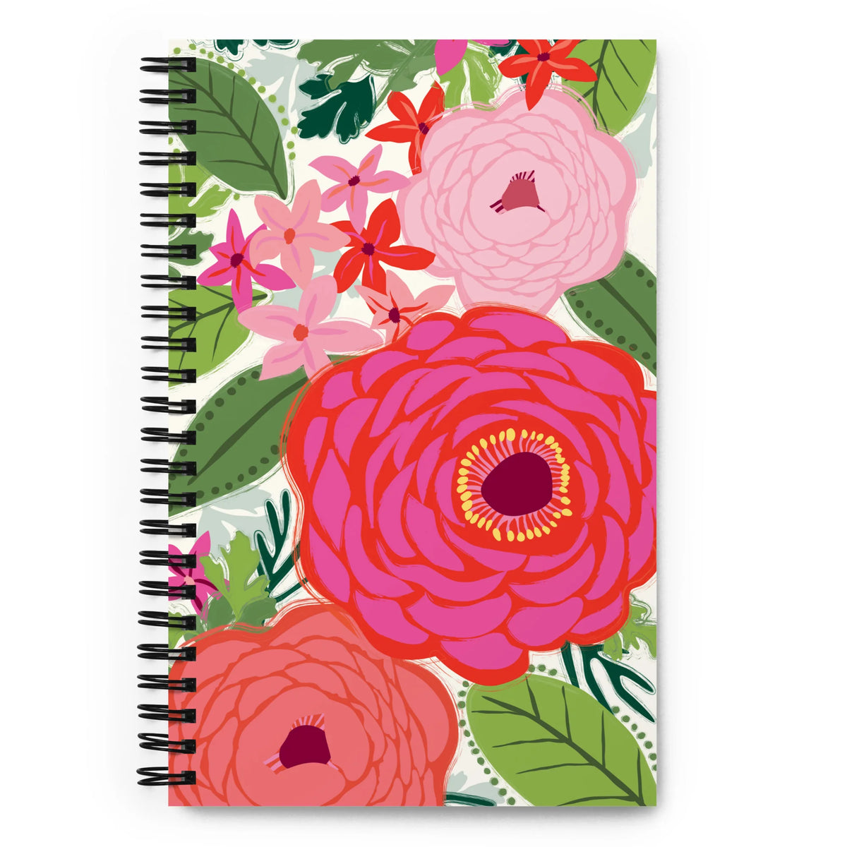 Bloomerie Fuchsia spiral notebook with fuchsia, coral and pink blooms with green leaves on cream, front cover – Kate Spain design