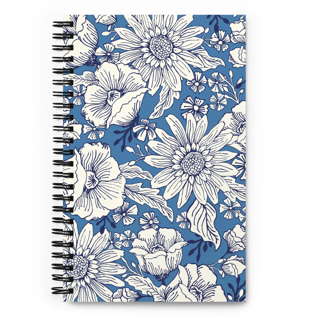 Jardin Blue spiral notebook with white line-drawn florals on cornflower blue, front cover – Kate Spain design