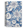 Jardin Blue spiral notebook with white line-drawn florals on cornflower blue, front cover – Kate Spain design