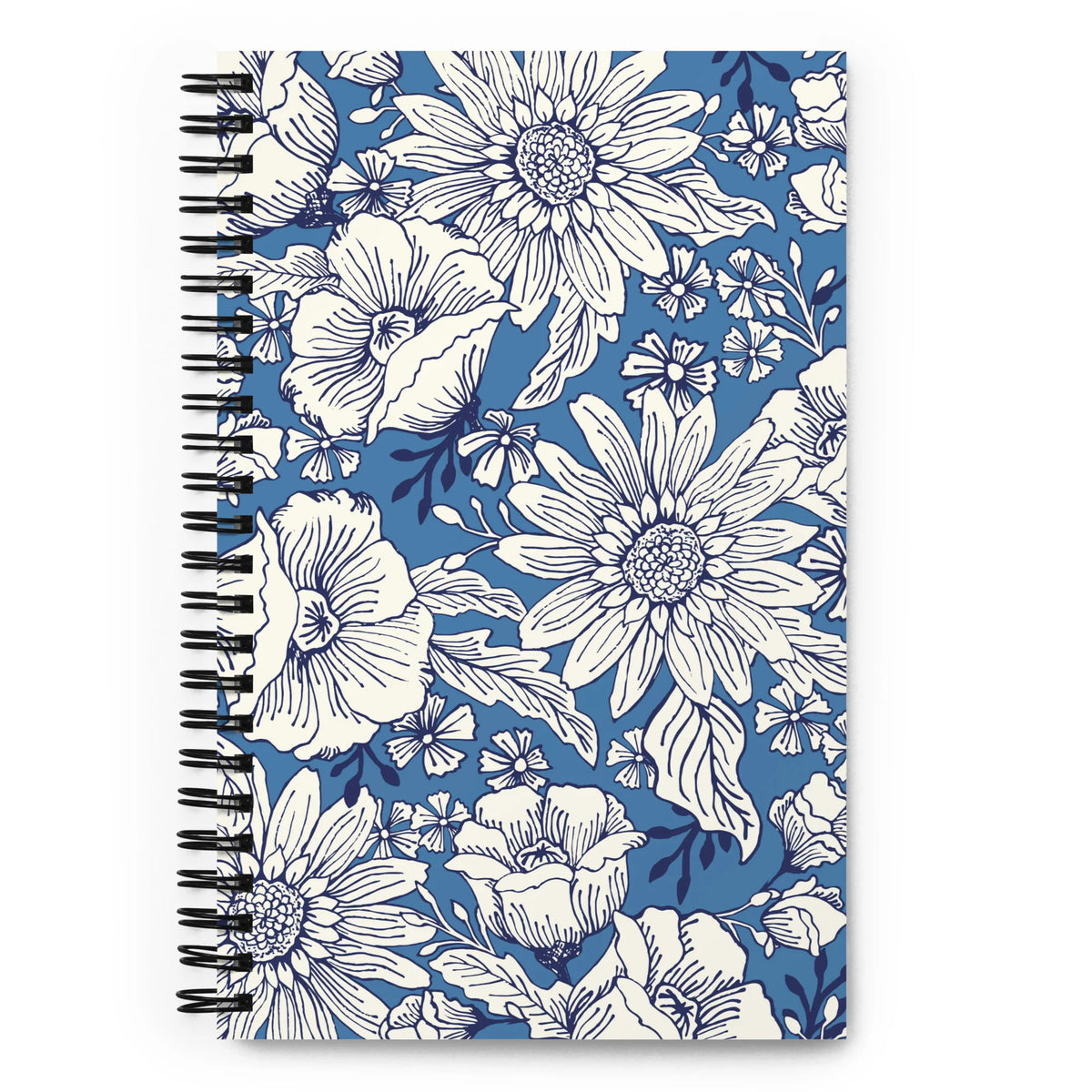 Jardin Blue spiral notebook with white line-drawn florals on cornflower blue, front cover – Kate Spain design