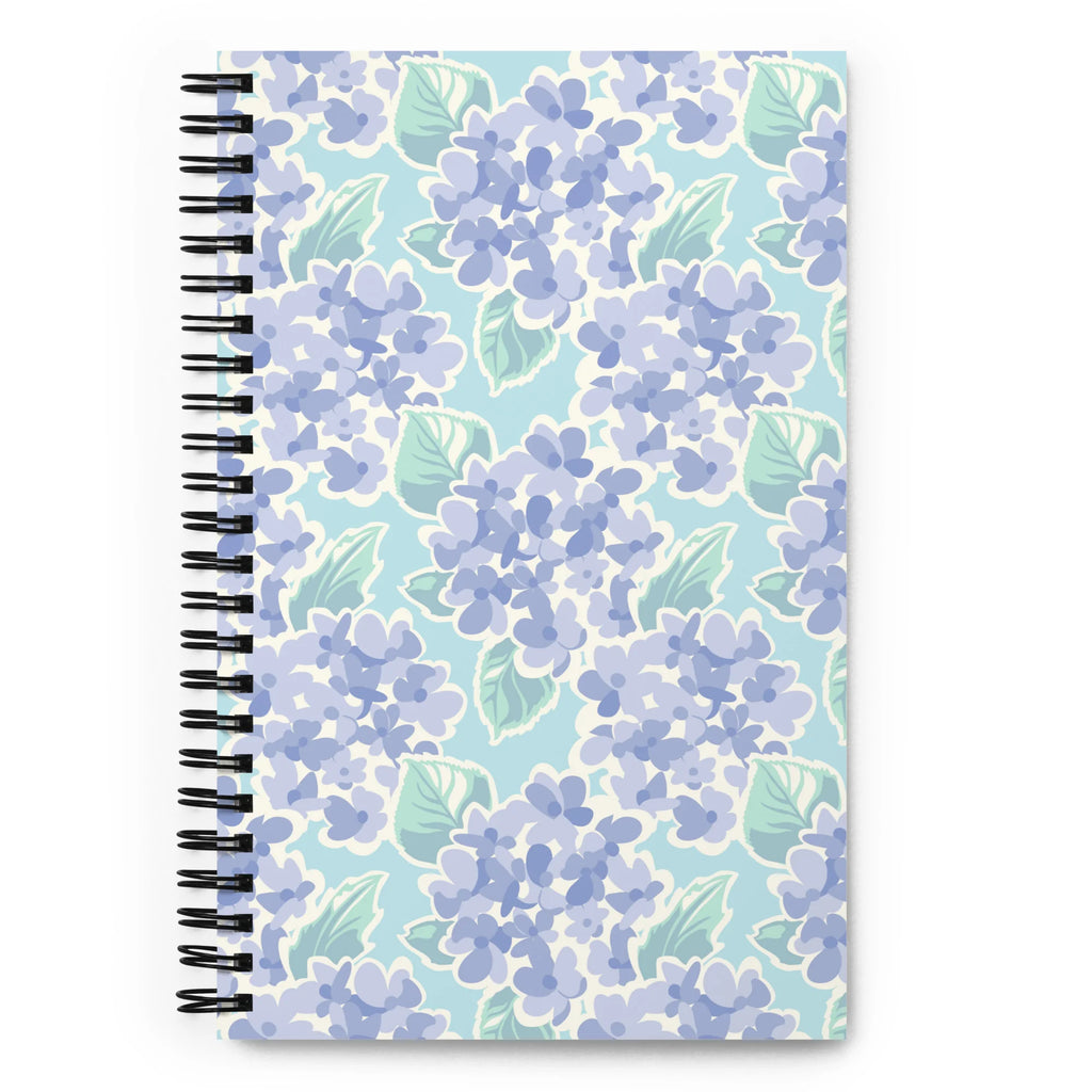 Nantucket Hydrangea spiral notebook with soft lavender-blue hydrangeas and mint leaves on pale aqua, front cover – Kate Spain design