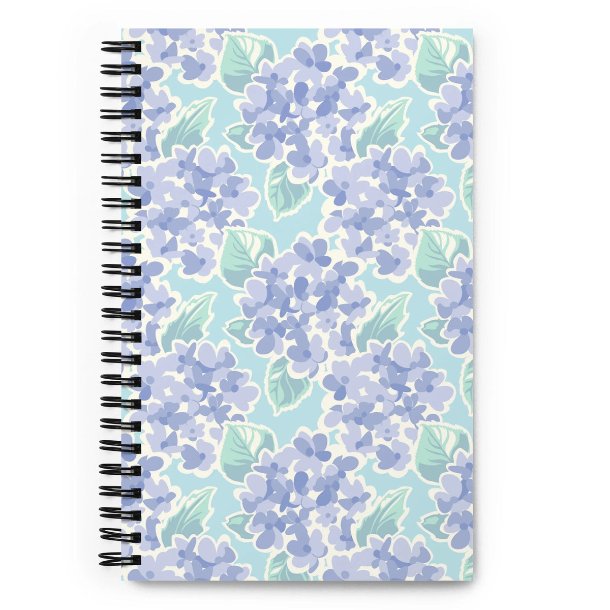 Nantucket Hydrangea spiral notebook with soft lavender-blue hydrangeas and mint leaves on pale aqua, front cover – Kate Spain design