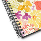 North Meadow spiral notebook with yellow, coral and mauve garden flowers with olive leaves on cream, close-up of the spiral binding – Kate Spain design