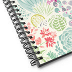 Desert spiral notebook with pale green succulents and cacti with coral and magenta blooms on cream, close-up of the spiral binding – Kate Spain design