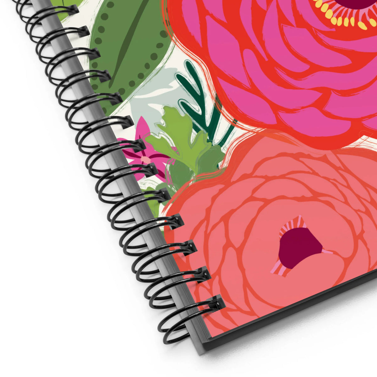 Bloomerie Fuchsia spiral notebook with fuchsia, coral and pink blooms with green leaves on cream, close-up of the spiral binding – Kate Spain design