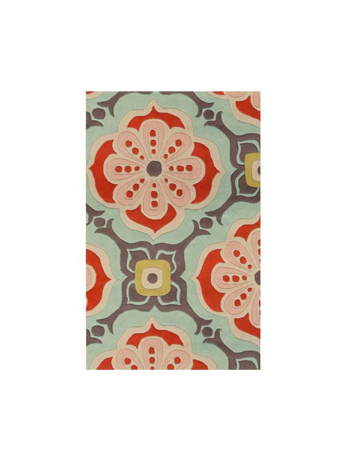 Talavera hand-tufted wool rug with a coral, blush, soft aqua and grey tile medallion pattern, 3.5 by 5.5 ft size, top view – Kate Spain design