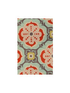 Talavera hand-tufted wool rug with a coral, blush, soft aqua and grey tile medallion pattern, 3.5 by 5.5 ft size, top view – Kate Spain design