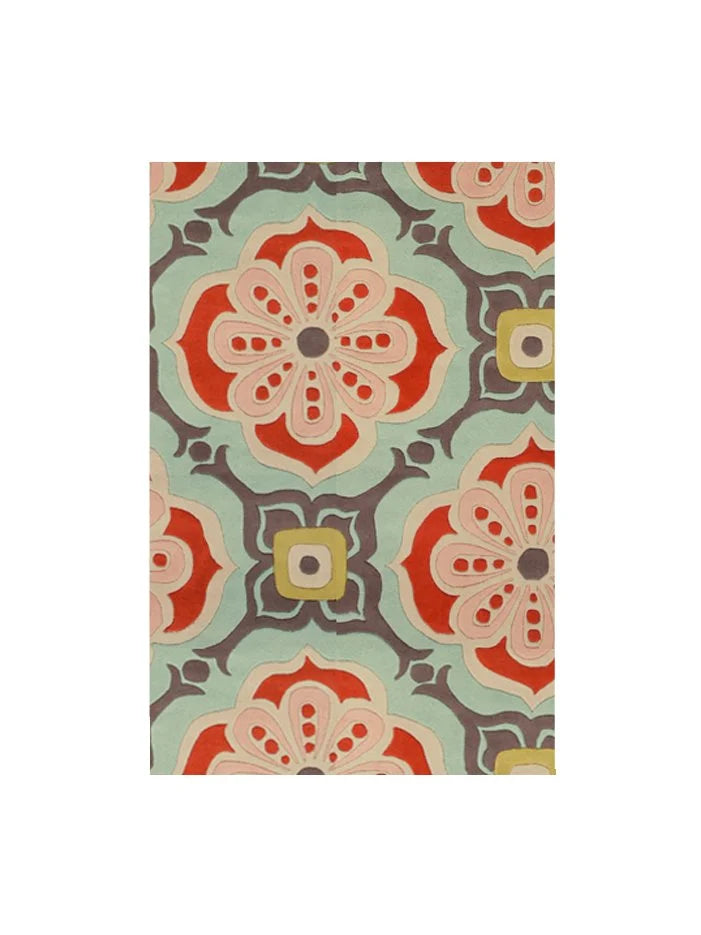 Talavera hand-tufted wool rug with a coral, blush, soft aqua and grey tile medallion pattern, 4 by 6 ft size, top view – Kate Spain design