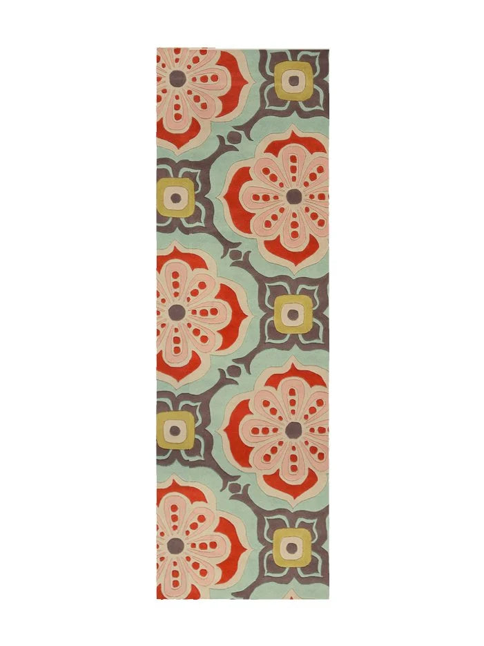 Talavera hand-tufted wool rug with a coral, blush, soft aqua and grey tile medallion pattern, 2.5 by 8 ft runner, top view – Kate Spain design