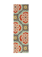 Talavera hand-tufted wool rug with a coral, blush, soft aqua and grey tile medallion pattern, 2.5 by 8 ft runner, top view – Kate Spain design