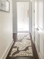 eye heart hand Taupe Leaf hand-tufted wool rug with oversized cream leaves on taupe, runner in a hallway – Kate Spain design