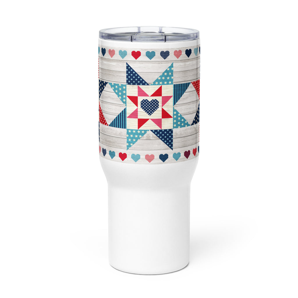 25 oz travel mug with handle, Liberty Love star quilt blocks and hearts, front view – Kate Spain design for Pat Sloan