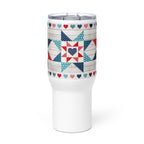 25 oz travel mug with handle, Liberty Love star quilt blocks and hearts, front view – Kate Spain design for Pat Sloan
