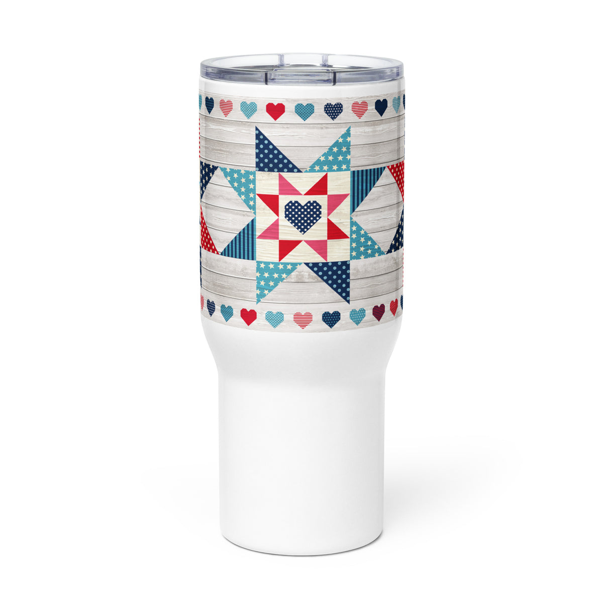 25 oz travel mug with handle, Liberty Love star quilt blocks and hearts, front view – Kate Spain design for Pat Sloan