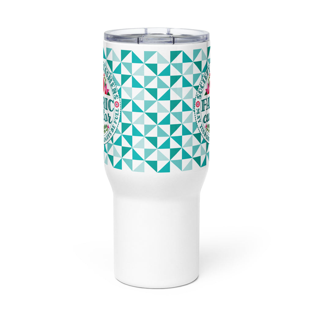 25 oz travel mug with handle, Fabric Curator badge on a teal tile pattern, front view – Kate Spain design for Pat Sloan