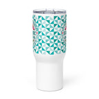 25 oz travel mug with handle, Fabric Curator badge on a teal tile pattern, front view – Kate Spain design for Pat Sloan