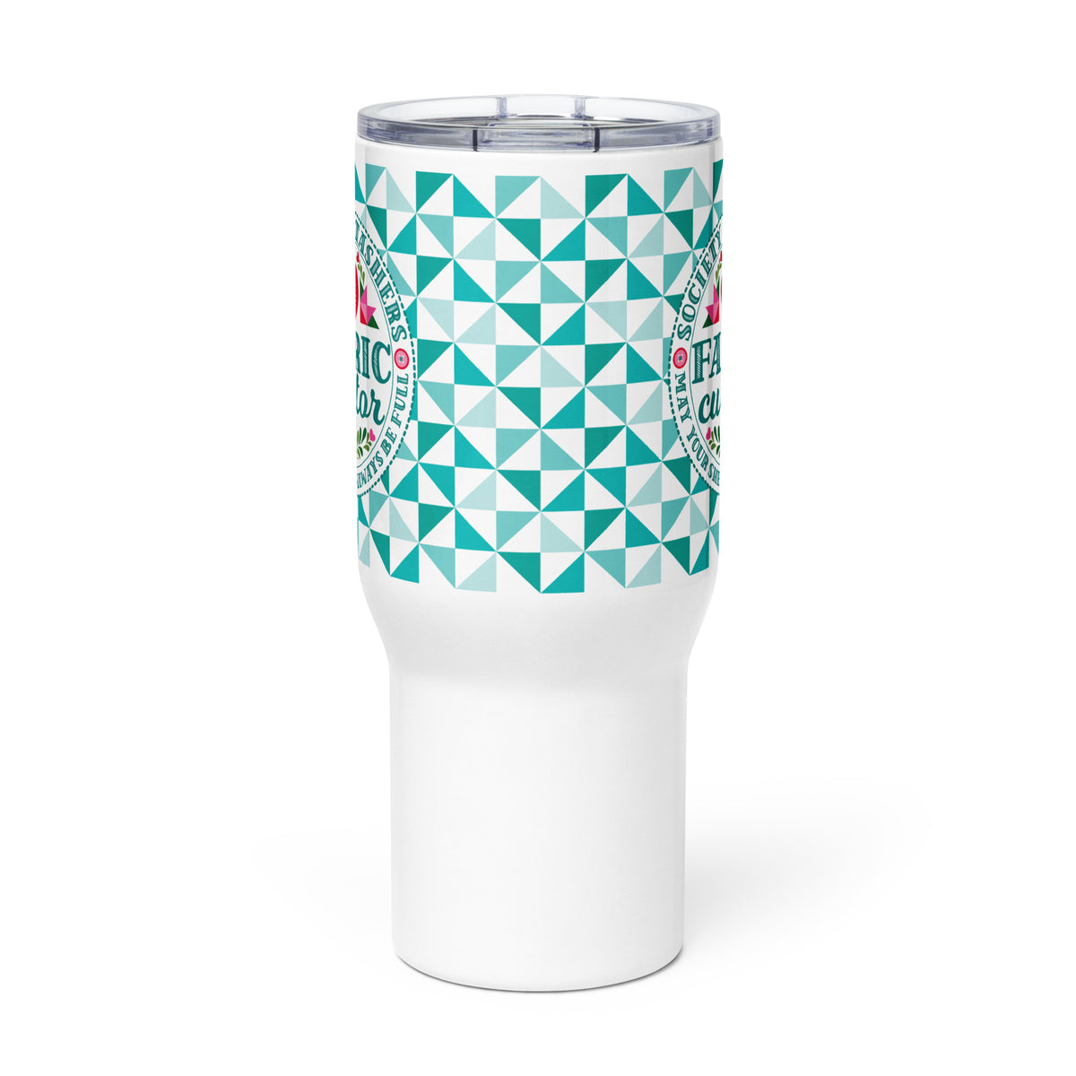 25 oz travel mug with handle, Fabric Curator badge on a teal tile pattern, front view – Kate Spain design for Pat Sloan