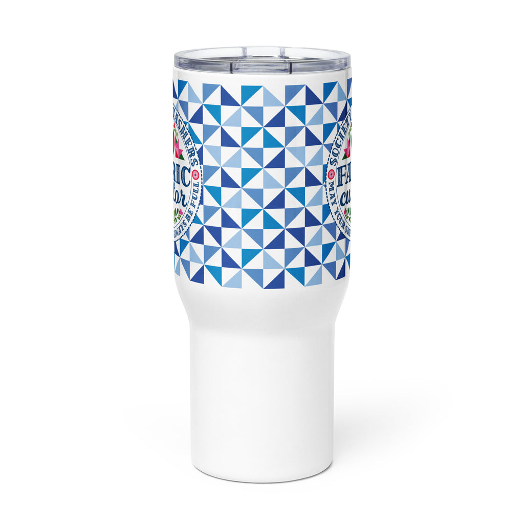 25 oz travel mug with handle, Fabric Curator badge on a navy tile pattern, front view – Kate Spain design for Pat Sloan