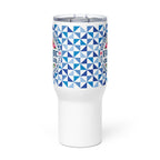 25 oz travel mug with handle, Fabric Curator badge on a navy tile pattern, front view – Kate Spain design for Pat Sloan