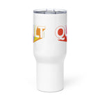Moda QUILT logo on a white 25 ounce travel mug with a handle, front view – Kate Spain design