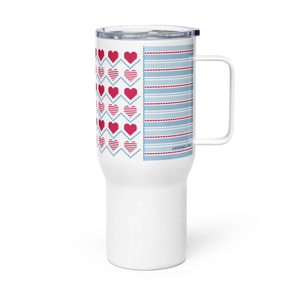 25 oz travel mug with handle, United We Quilt patchwork flag, handle on the left – Kate Spain design for Pat Sloan