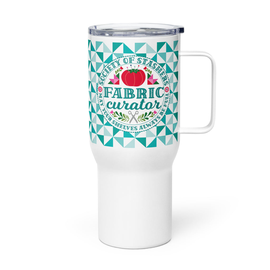 25 oz travel mug with handle, Fabric Curator badge on a teal tile pattern, left side view – Kate Spain design for Pat Sloan