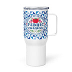 25 oz travel mug with handle, Fabric Curator badge on a navy tile pattern, left side view – Kate Spain design for Pat Sloan