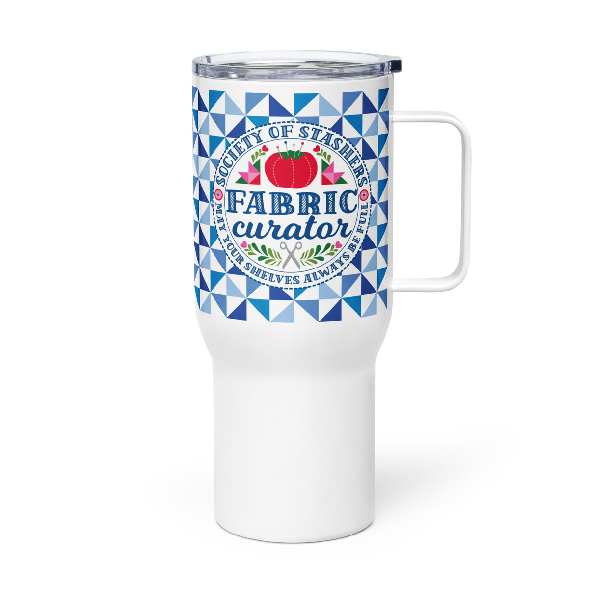 25 oz travel mug with handle, Fabric Curator badge on a navy tile pattern, left side view – Kate Spain design for Pat Sloan