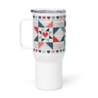 25 oz travel mug with handle, Liberty Love star quilt blocks and hearts, right side view – Kate Spain design for Pat Sloan