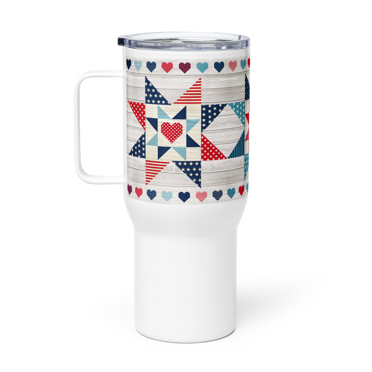 25 oz travel mug with handle, Liberty Love star quilt blocks and hearts, right side view – Kate Spain design for Pat Sloan