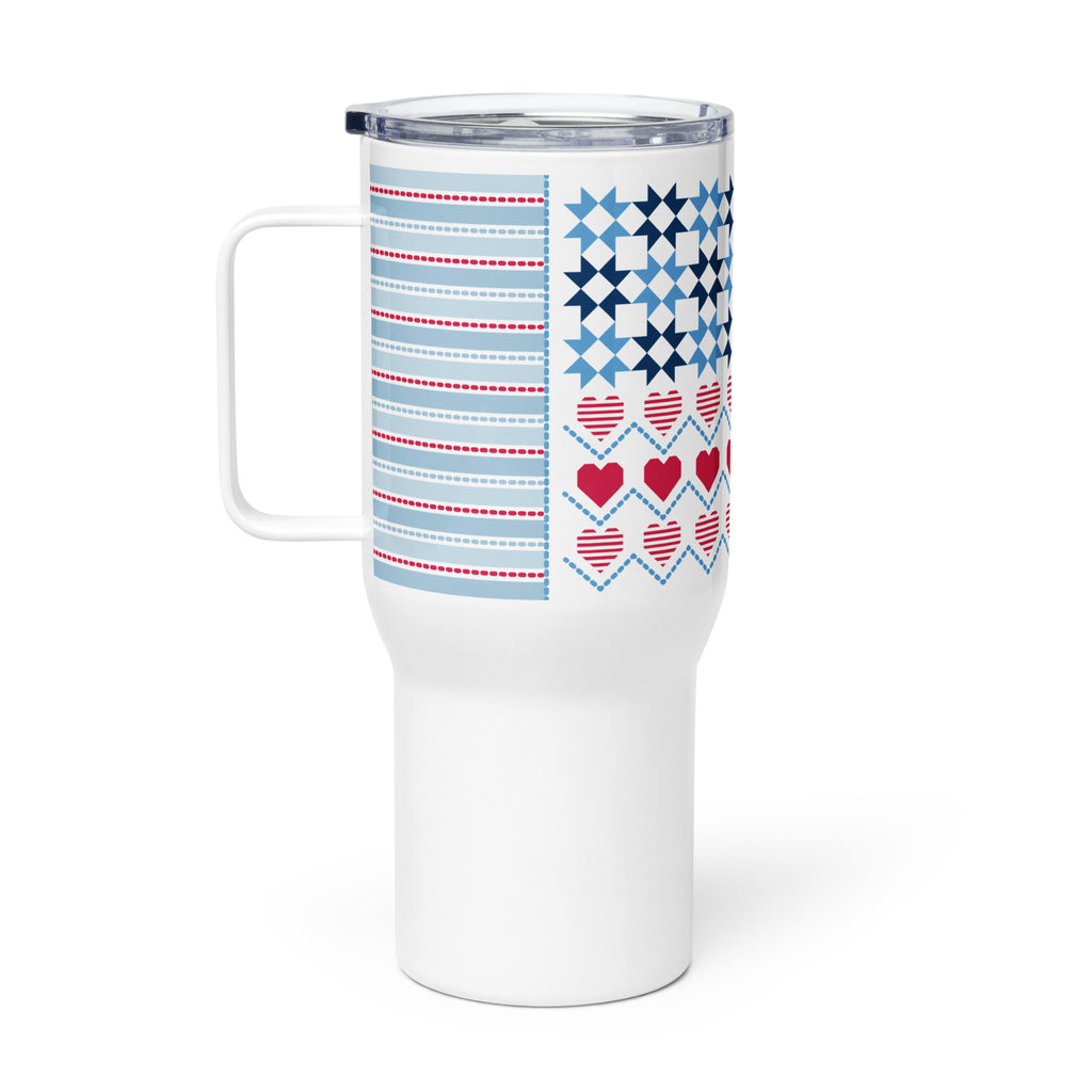 25 oz travel mug with handle, United We Quilt patchwork flag, handle on the right – Kate Spain design for Pat Sloan