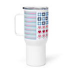 25 oz travel mug with handle, United We Quilt patchwork flag, handle on the right – Kate Spain design for Pat Sloan