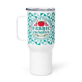 25 oz travel mug with handle, Fabric Curator badge on a teal tile pattern, right side view – Kate Spain design for Pat Sloan