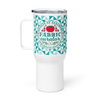 25 oz travel mug with handle, Fabric Curator badge on a teal tile pattern, right side view – Kate Spain design for Pat Sloan