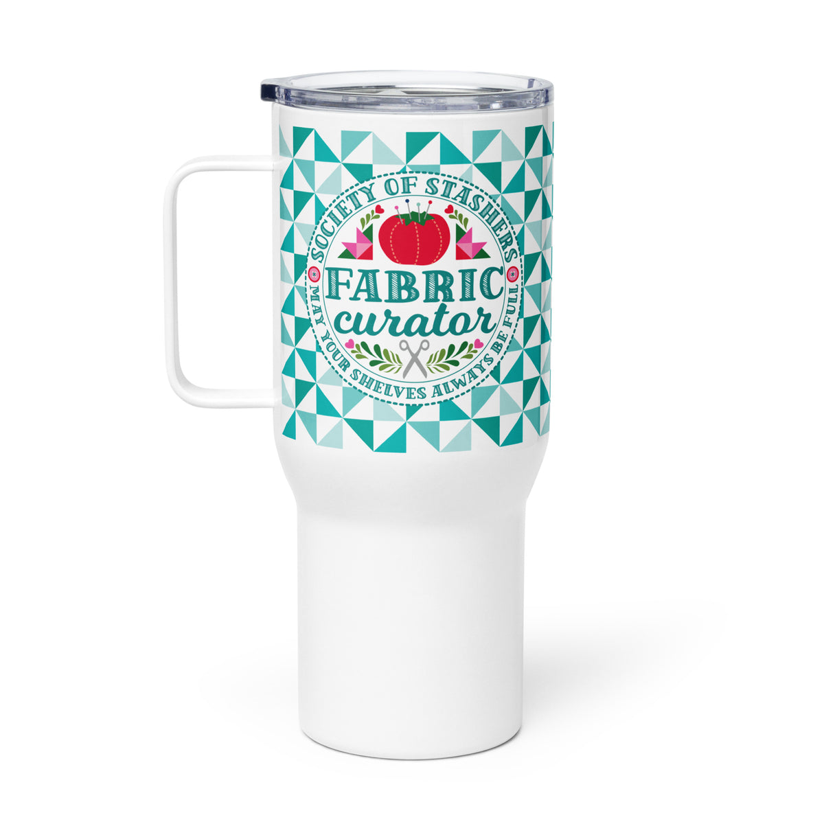 25 oz travel mug with handle, Fabric Curator badge on a teal tile pattern, right side view – Kate Spain design for Pat Sloan