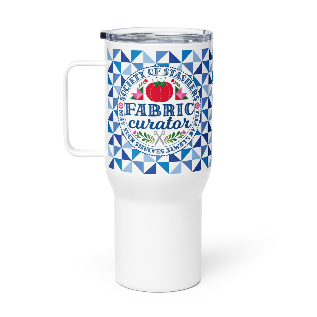 25 oz travel mug with handle, Fabric Curator badge on a navy tile pattern, right side view – Kate Spain design for Pat Sloan