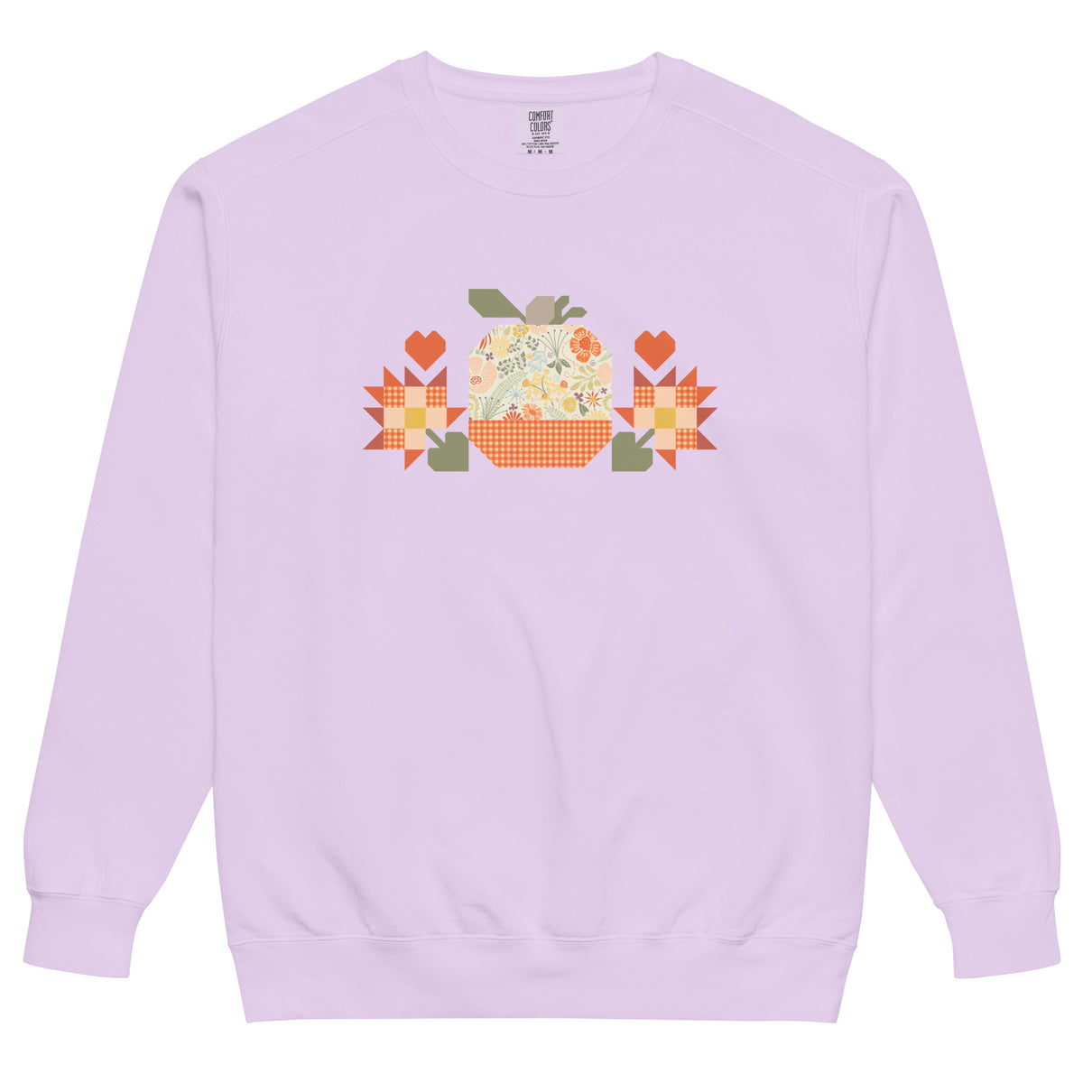 Falling for Fall patchwork pumpkin with quilt-block stars and hearts on a garment-dyed crewneck sweatshirt in orchid, front view – Kate Spain design for Pat Sloan