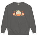 Falling for Fall patchwork pumpkin with quilt-block stars and hearts on a garment-dyed crewneck sweatshirt in pepper grey, front view – Kate Spain design for Pat Sloan