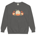 Falling for Fall patchwork pumpkin with quilt-block stars and hearts on a garment-dyed crewneck sweatshirt in pepper grey, front view – Kate Spain design for Pat Sloan