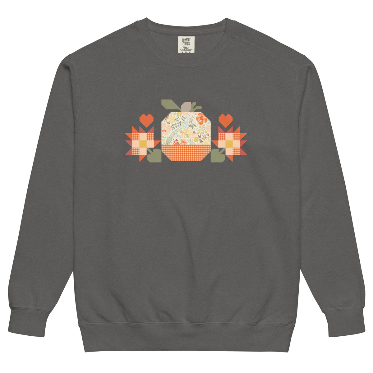 Falling for Fall patchwork pumpkin with quilt-block stars and hearts on a garment-dyed crewneck sweatshirt in pepper grey, front view – Kate Spain design for Pat Sloan