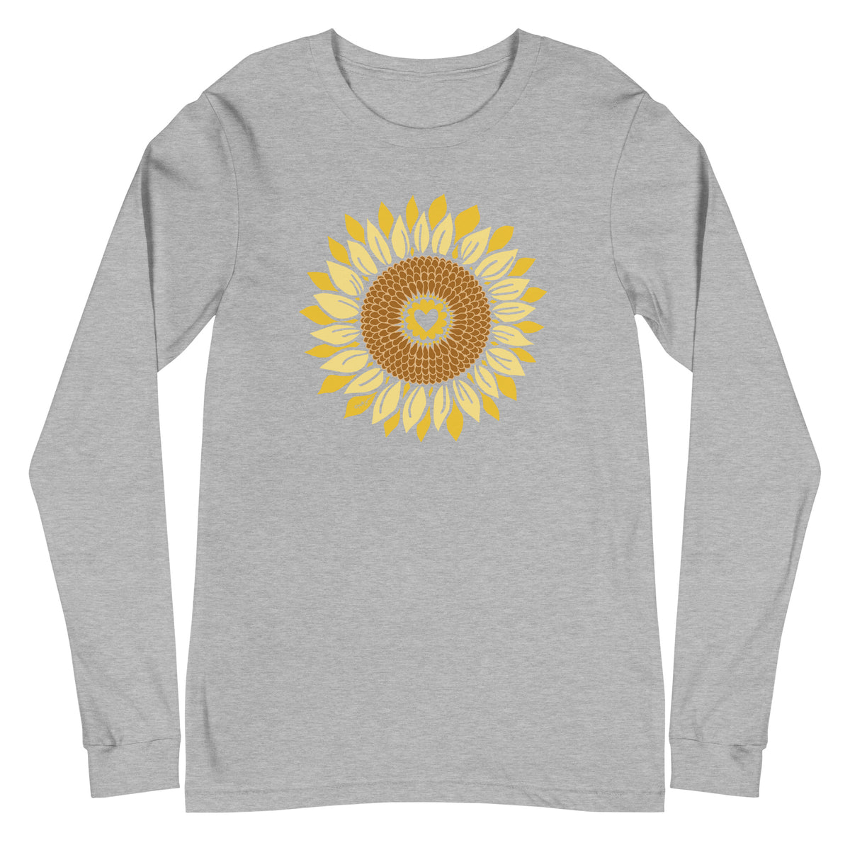 Golden sunflower with a heart center on a long sleeve t-shirt in athletic heather grey, front view – Sunflowers in My Heart by Kate Spain