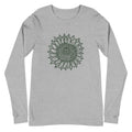 Green botanical line-art sunflower drawn from life on a long sleeve t-shirt in athletic heather grey, front view – Sunflower by Kate Spain