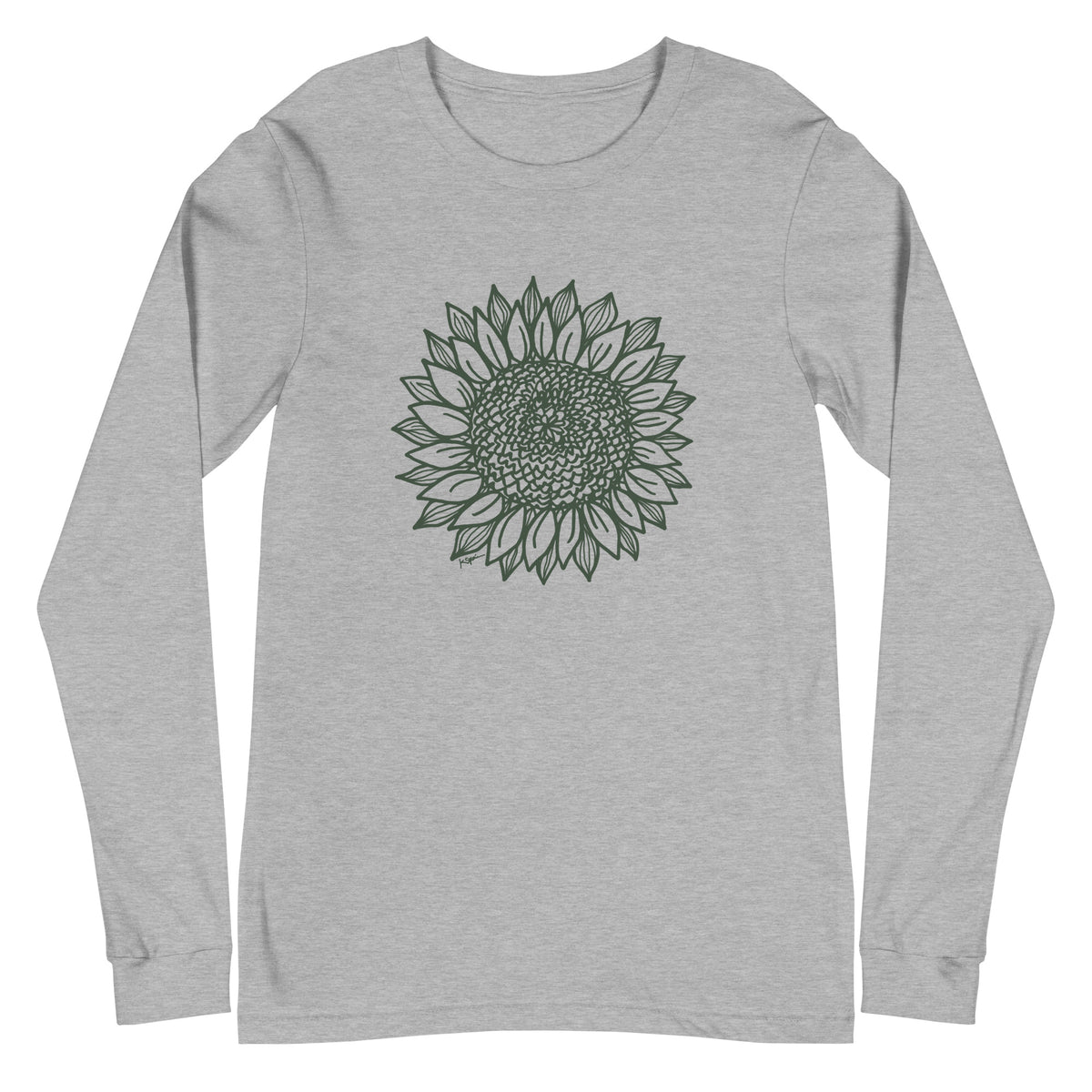 Green botanical line-art sunflower drawn from life on a long sleeve t-shirt in athletic heather grey, front view – Sunflower by Kate Spain
