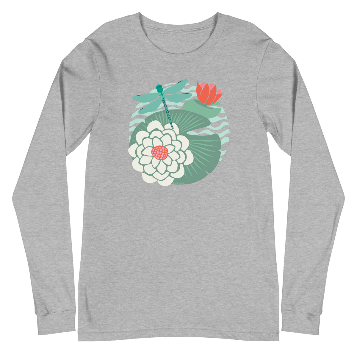 Dragonfly over water lilies and lily pads on a long sleeve t-shirt in athletic heather grey, front view – Kate Spain design